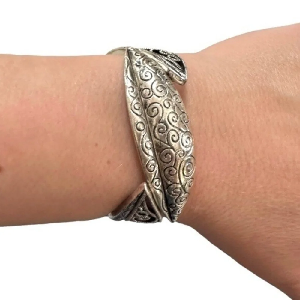 Oxidized Silver Elastic Bangle Bracelet Women's Artisan Costume Jewelry Gift